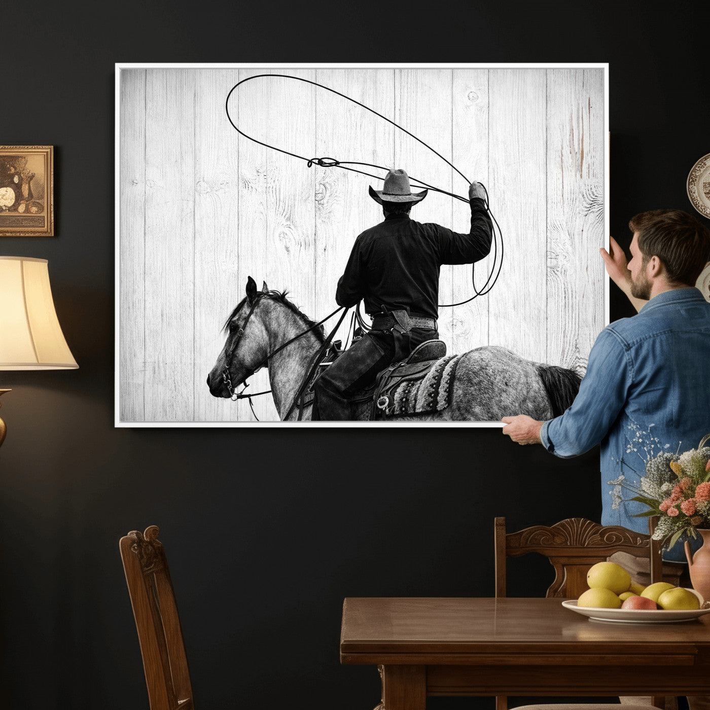 22569358-MGV-CV-36X24 - Cowboy Lasso Canvas Wall Art, Black White Western Horse Photo Print, Rustic Ranch Rodeo Decor, Farmhouse Western Art, Cowboy Gift for Him