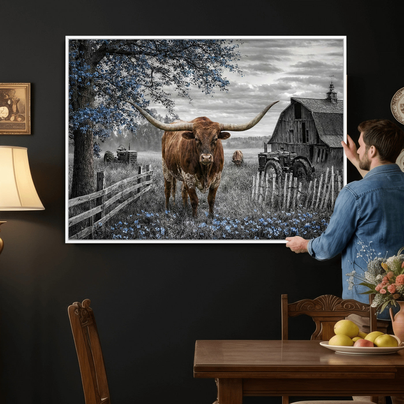 19366343-MGV-CV-36X24 - Texas Longhorn Canvas Wall Art, Rustic Farm Barn Bluebonnet Photography Print, Farmhouse Country Decor, Western Ranch Art, Old Truck Tractor Print