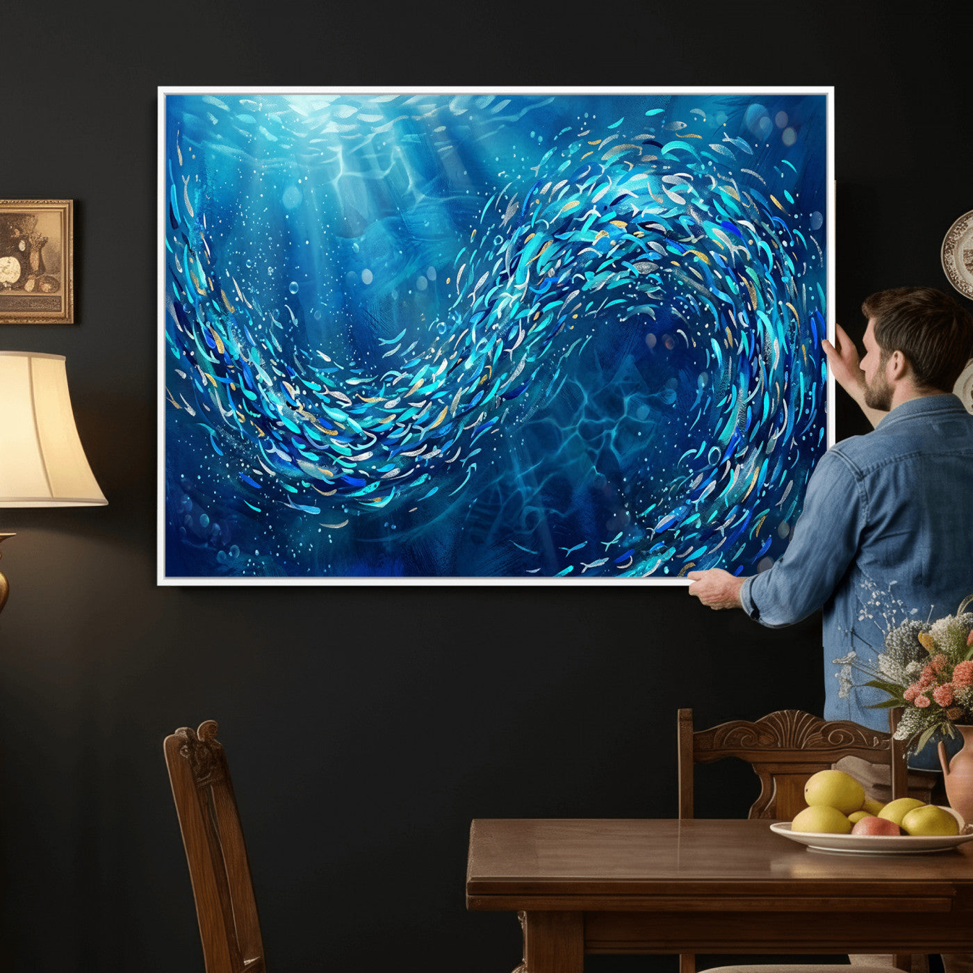 54535639-MGV-CV-36X24 - School of Fish Canvas Print | Blue Ocean Underwater Wall Art | Swirling Fish Shoal Illustration | Marine Navy Coastal Decor