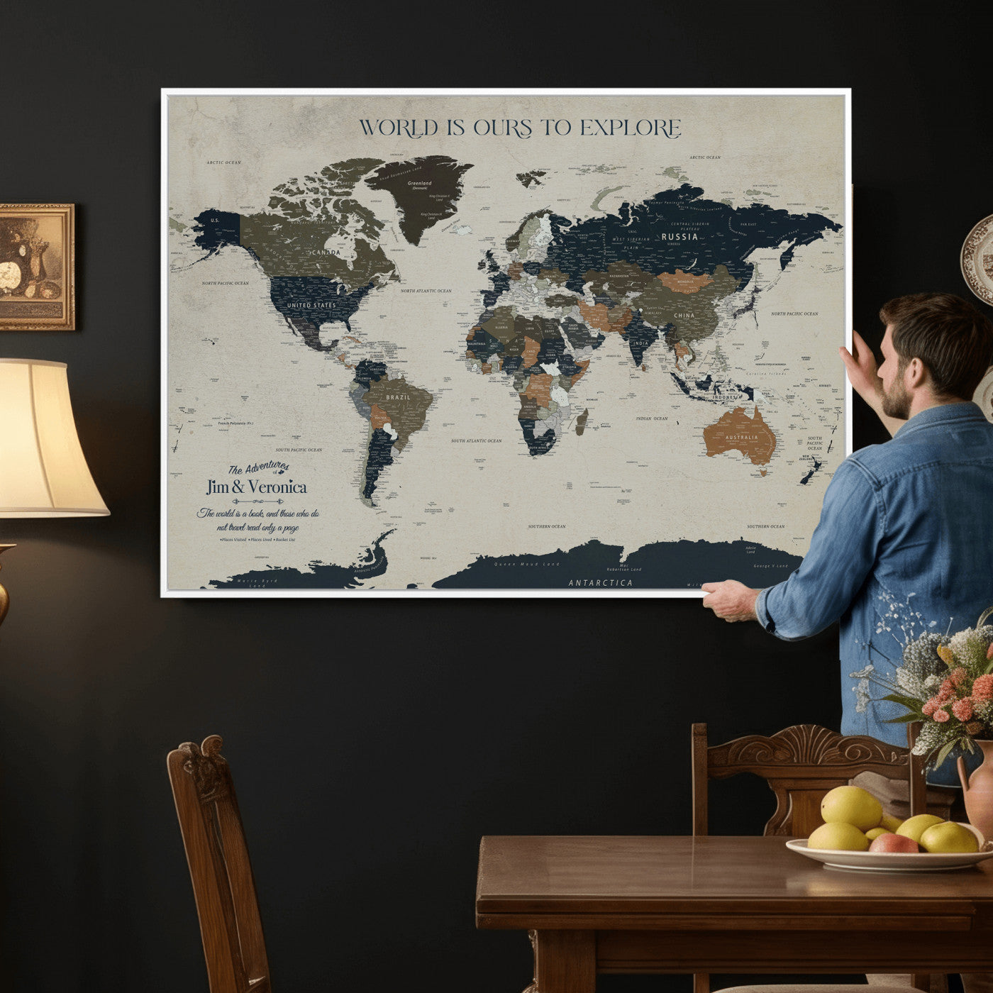 64110391126C-MGV-CV-36X24 - Custom Push Pin World Map Wall Art Canvas Print – Personalized Travel Tracker with Pins Framed Large for Home and Office Decor