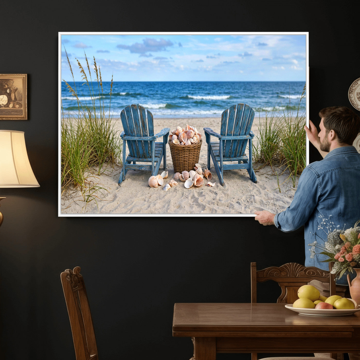 80268829-MGV-CV-36X24 - Large Beach Canvas Wall Art Coastal Adirondack Chairs Ocean Seashells Blue Nautical Framed Large for Living Room Bedroom Bathroom Decor