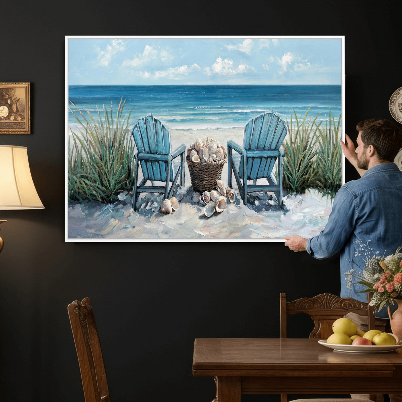 11973028-MGV-CV-36X24 - Beach Canvas Wall Art Coastal Adirondack Chairs Ocean Seashells Blue Nautical Framed Large for Living Room Bedroom Bathroom Decor