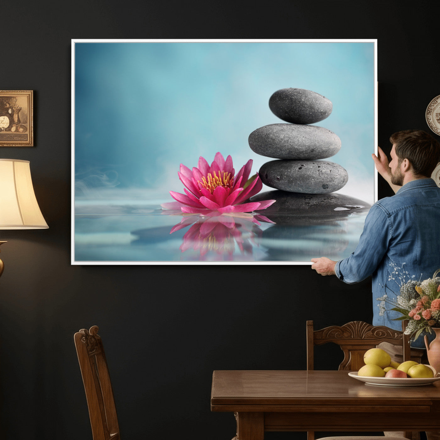 84293154-MGV-CV-36X24 - Zen Canvas Wall Art Lotus Flower Stacked Stones Teal Spa Meditation Relaxation Framed Large for Bathroom Bedroom Living Room Office Decor