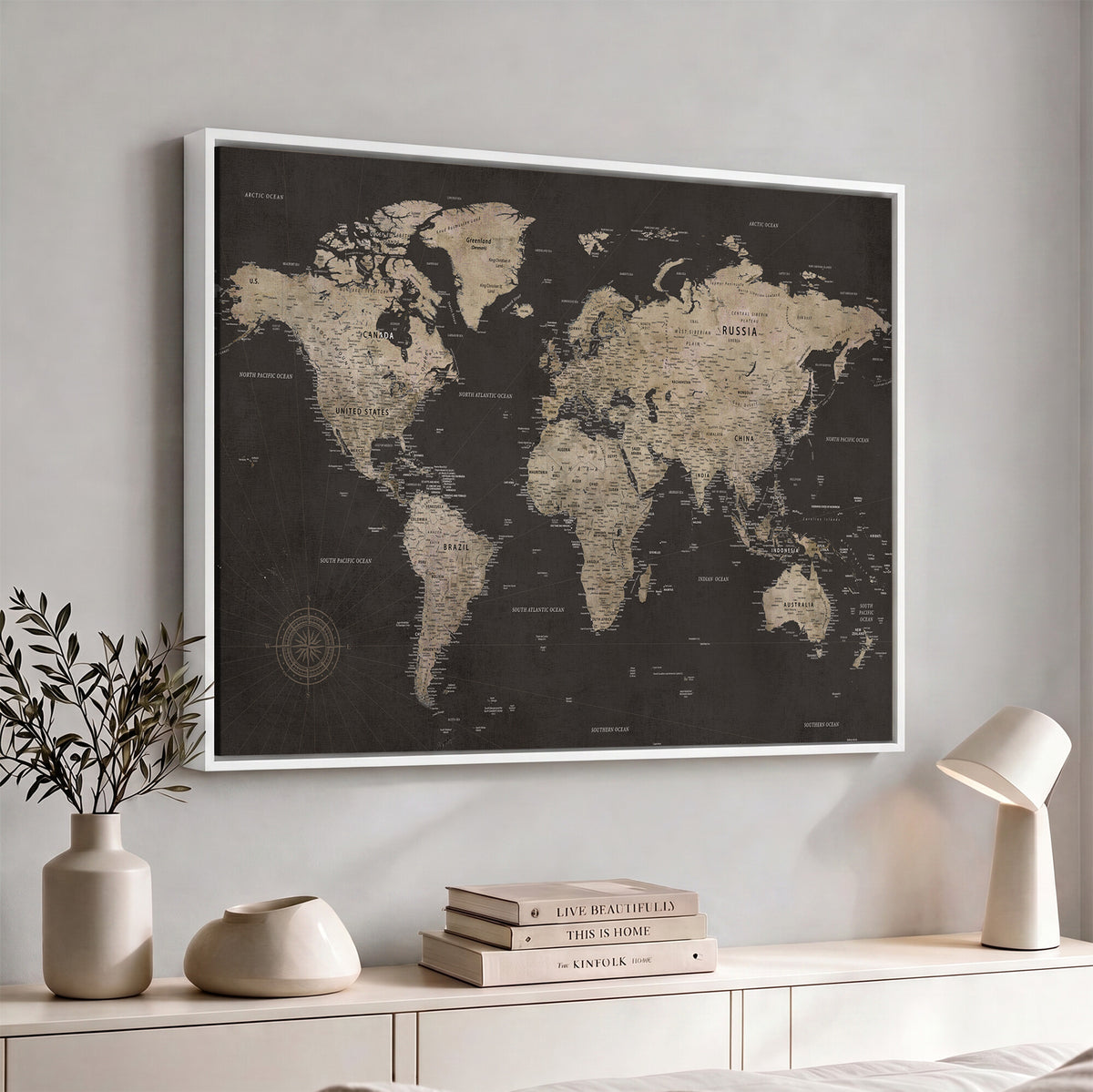 56556018136-MGV-CV-36X24 - World Map Canvas Wall Art, Dark Charcoal and Antique Tan Detailed Map