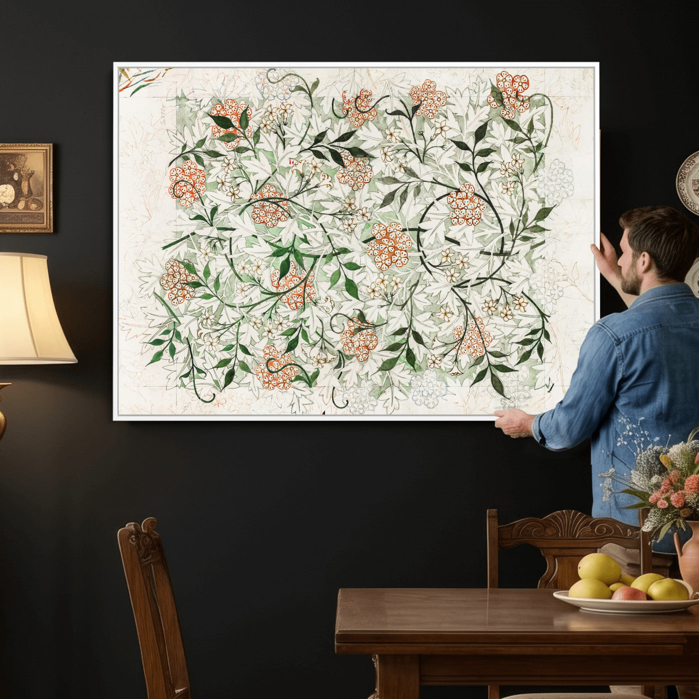 17622011W-MGV-CV-36X24 - William Morris Jasmine Flower Wall Art Canvas Print, Botanical Floral Canvas Print, Vintage Cottagecore Wall Decor, Framed Nature Artwork Ready to Hang