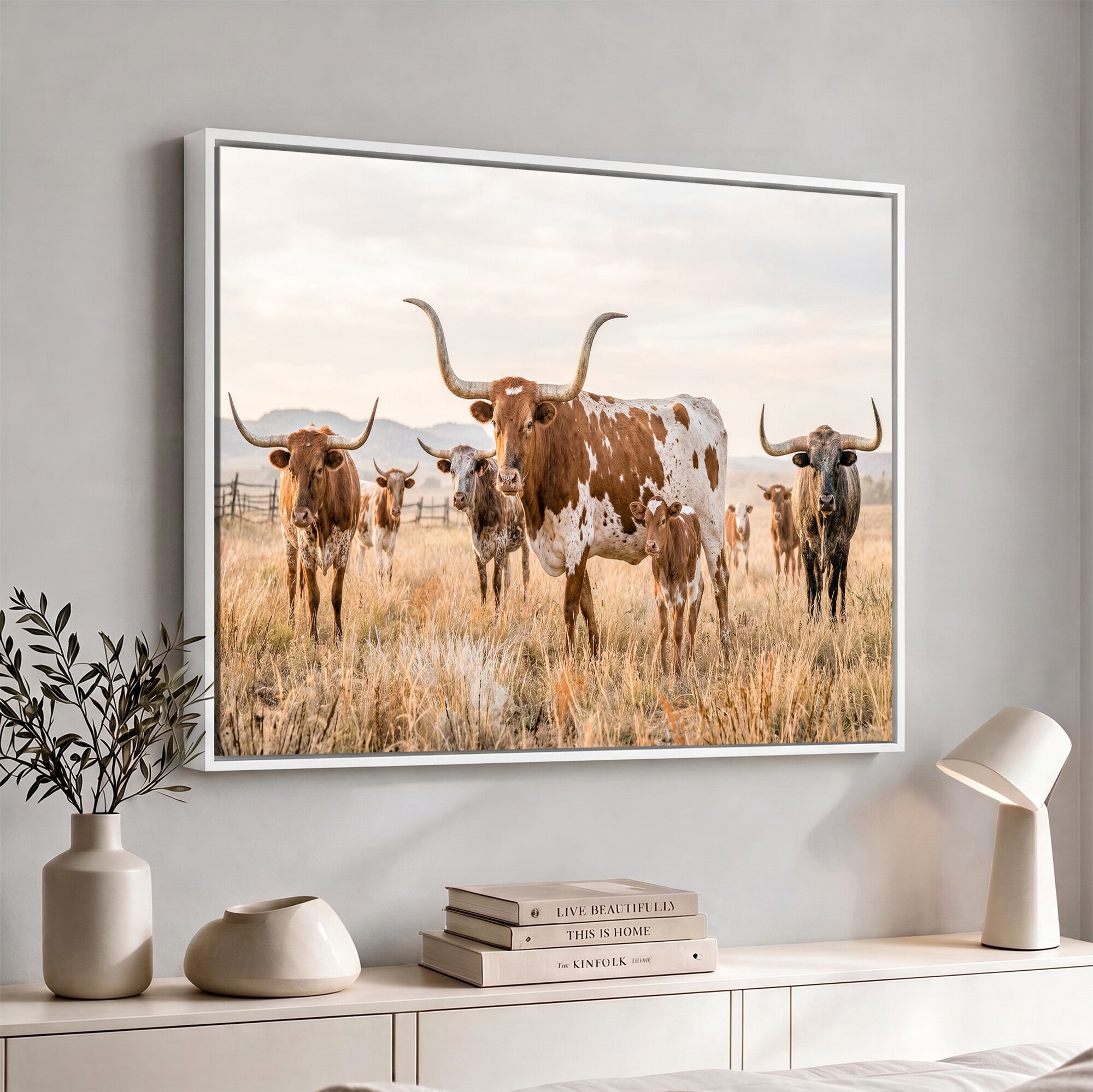 62336425AC-MGV-CV-36X24 - Texas Longhorn Canvas Wall Art, Rustic Farm Animal Photography Print, Farmhouse Country Decor, Western Ranch Art