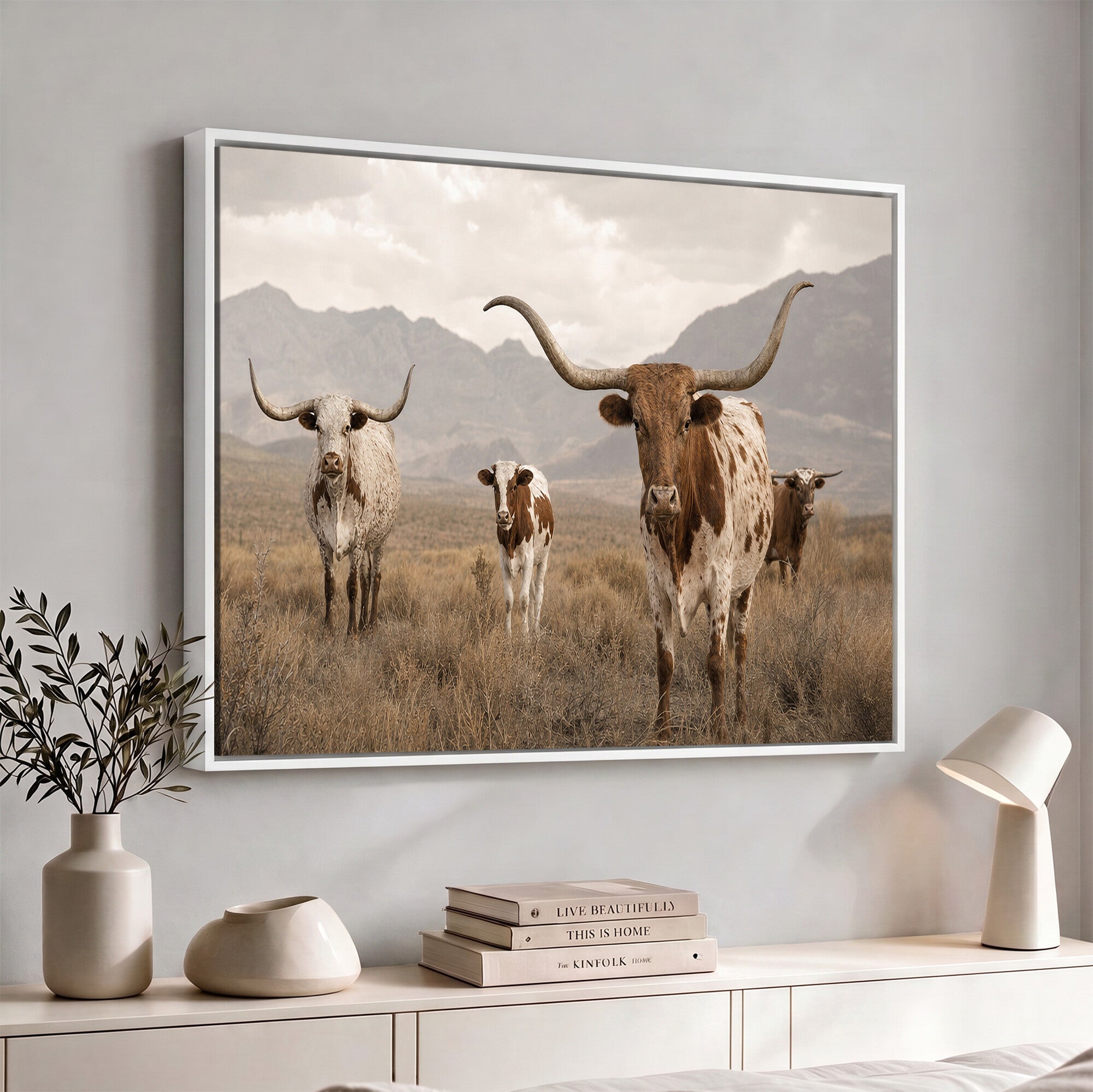 62336425AD-MGV-CV-36X24 - Rustic Texas Longhorn Cow Canvas Wall Art Print, Rustic Farm Animal Photography Print, Farmhouse Country Decor, Western Ranch Art