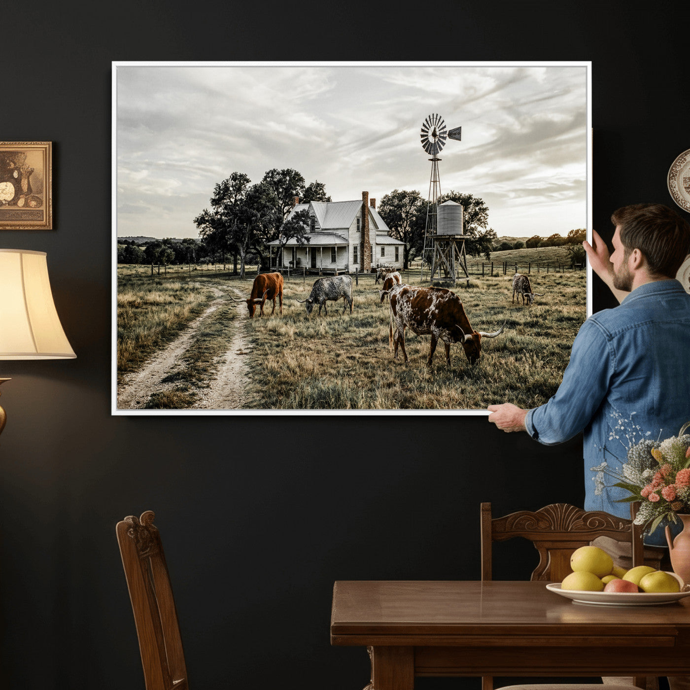 92429425-MGV-CV-36X24 - Texas Longhorn Ranch Wall Art Canvas Print, Rustic Western Farmhouse Decor, Country Landscape Canvas Wall Art, Vintage Cowboy Ranch Picture