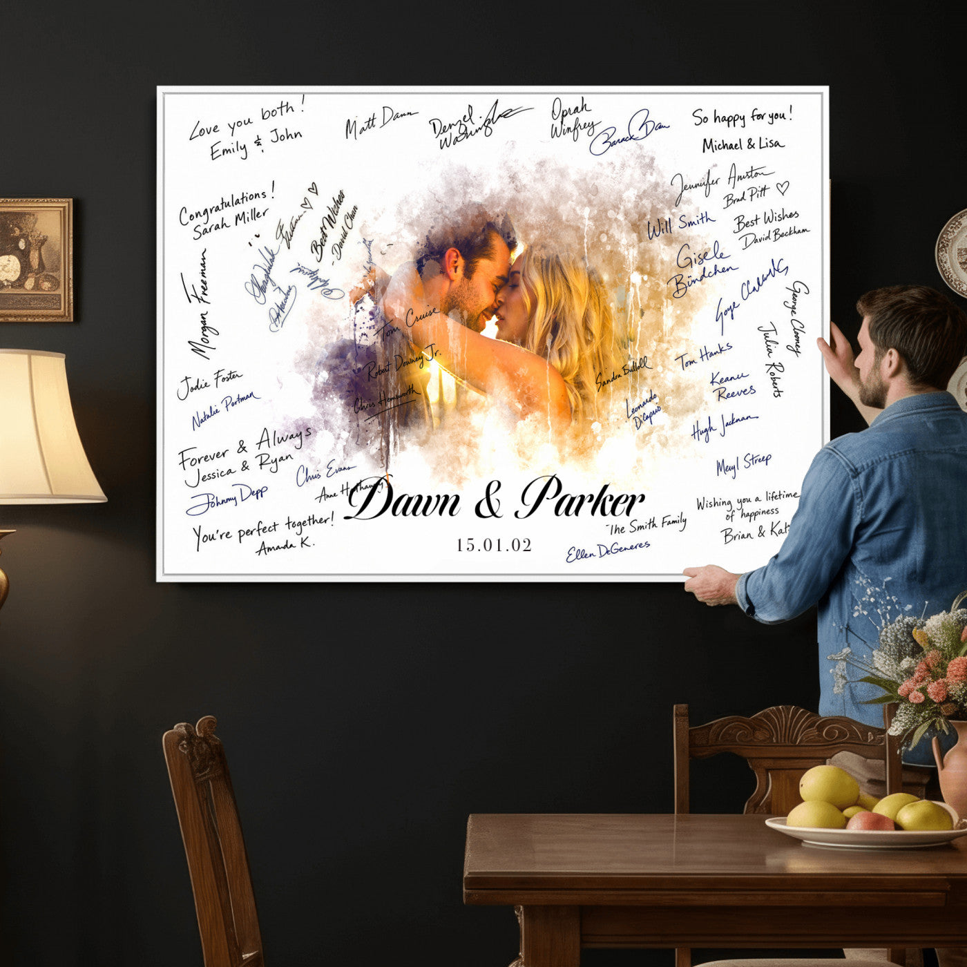 74713307-MGV-CV-36X24 - Wedding Guest Book Alternative Wall Art Canvas Print, Personalized Wedding Signature Poster, Custom Couple Photo Guestbook Canvas, Bridal Shower Reception Decor