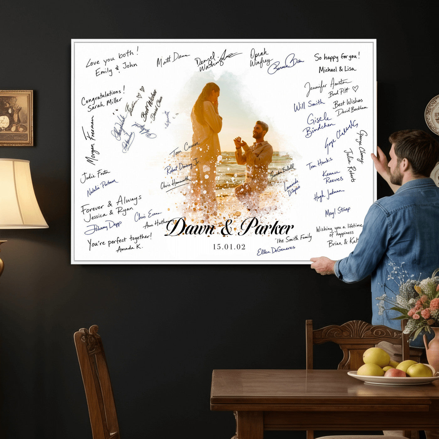 75692697-MGV-CV-36X24 - Wedding Guest Book Alternative Wall Art Canvas Print, Personalized Wedding Signature Poster, Custom Couple Photo Guestbook Canvas, Bridal Shower Reception Decor