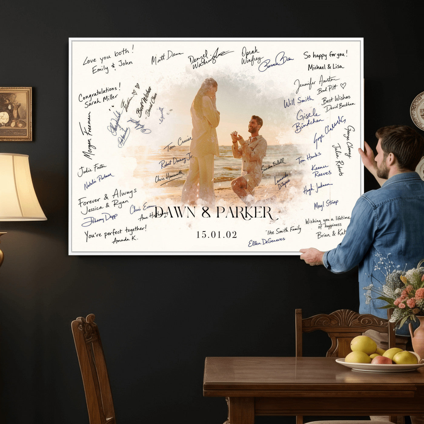 15696596-MGV-CV-36X24 - Wedding Guest Book Alternative Wall Art Canvas Print, Personalized Wedding Signature Poster, Custom Couple Photo Guestbook Canvas, Bridal Shower Reception Decor