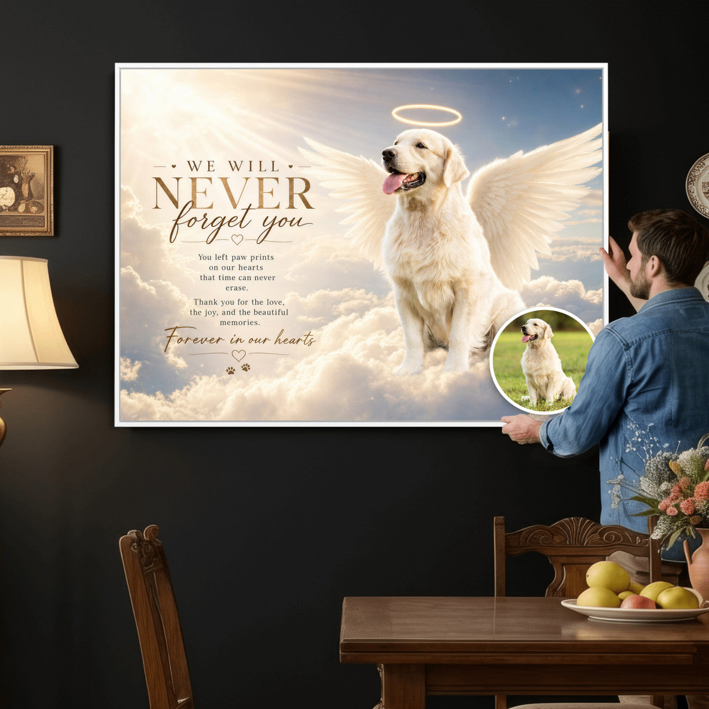 60312671-MGV-CV-36X24 - Pet Memorial Wall Art Canvas Print, Custom Dog Memorial Portrait, Personalized Angel Pet Loss Gift, Angel Wings Puppy Print
