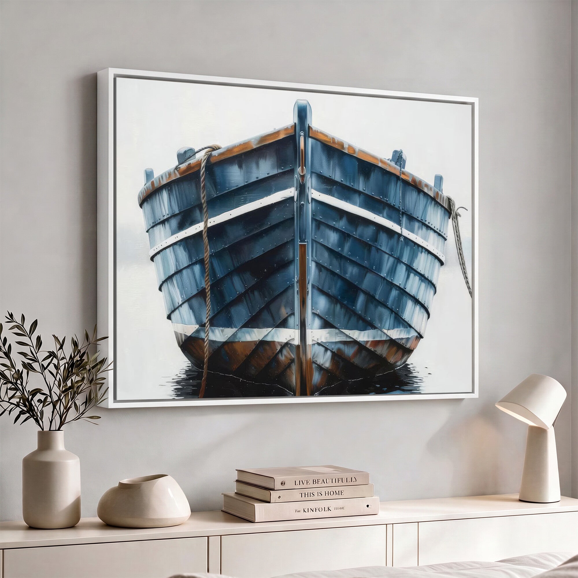 21601740-MGV-CV-36X24 - Blue Wooden Rowboat Canvas Wall Art, Coastal Nautical Boat Painting Print for Lake Beach House Decor, Minimalist Maritime Decor Artwork