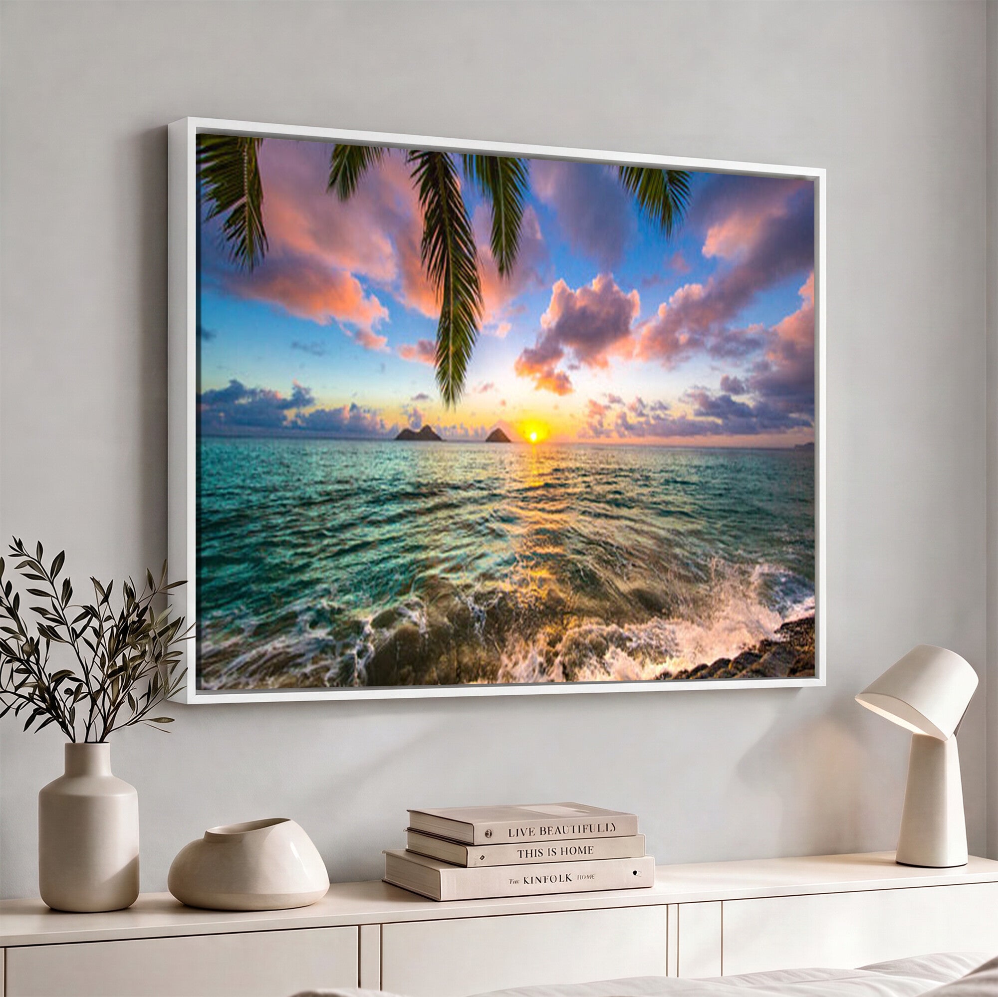 13207742-MGV-CV-36X24 - Hawaii Beach Sunset Canvas Wall Art Print, Tropical Ocean Landscape Artwork, Palm Tree Coastal Decor for Living Room Bedroom