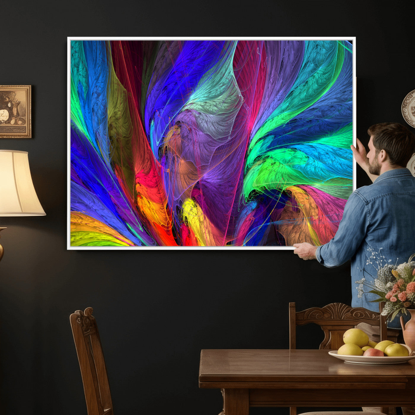 376925791-MGV-CV-36X24 - Colorful Abstract Canvas Wall Art, Rainbow Swirl Fractal Print, Bold Multicolor Living Room Decor, Vibrant Energy Art, Large Abstract Wall Art