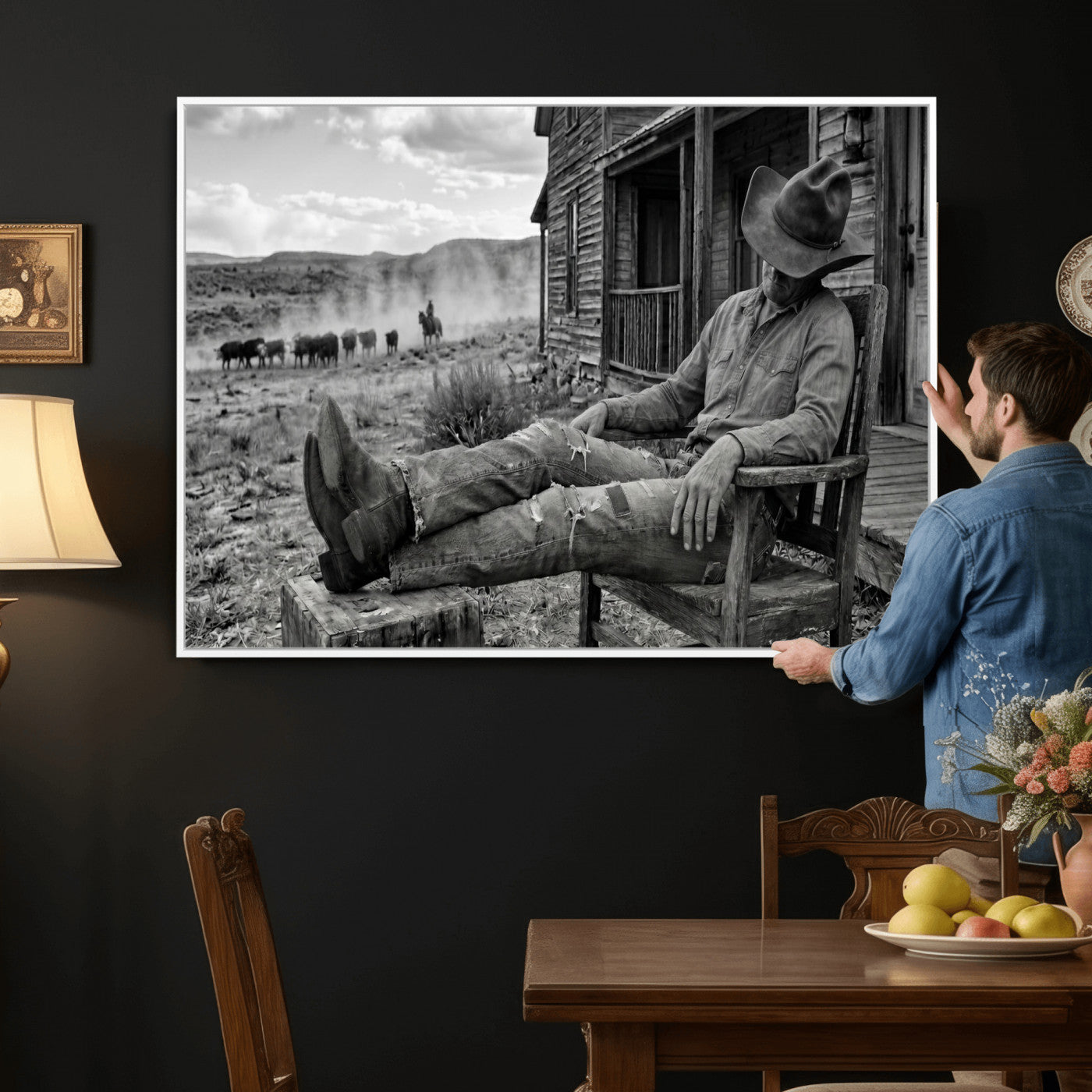 94461975S-MGV-CV-36X24 - Vintage Sleeping Cowboy Wall Art Canvas Print, Western Home Decor