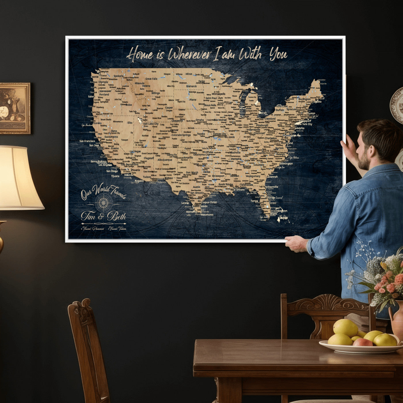 48467834-MGV-CV-36X24 - Custom Push Pin US Map Canvas | Personalized Travel Tracker | USA Cities Map Anniversary Gift for Couples | Adventure America Map Wall Art with Pins