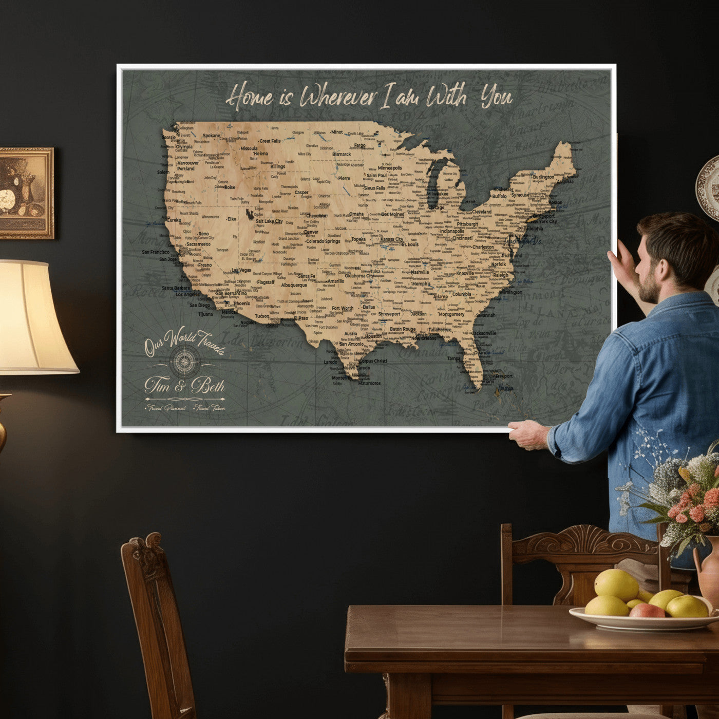 41270900-MGV-CV-36X24 - Custom Push Pin US Map Canvas | Personalized Travel Tracker | USA Cities Map Anniversary Gift for Couples | Adventure America Map Wall Art with Pins
