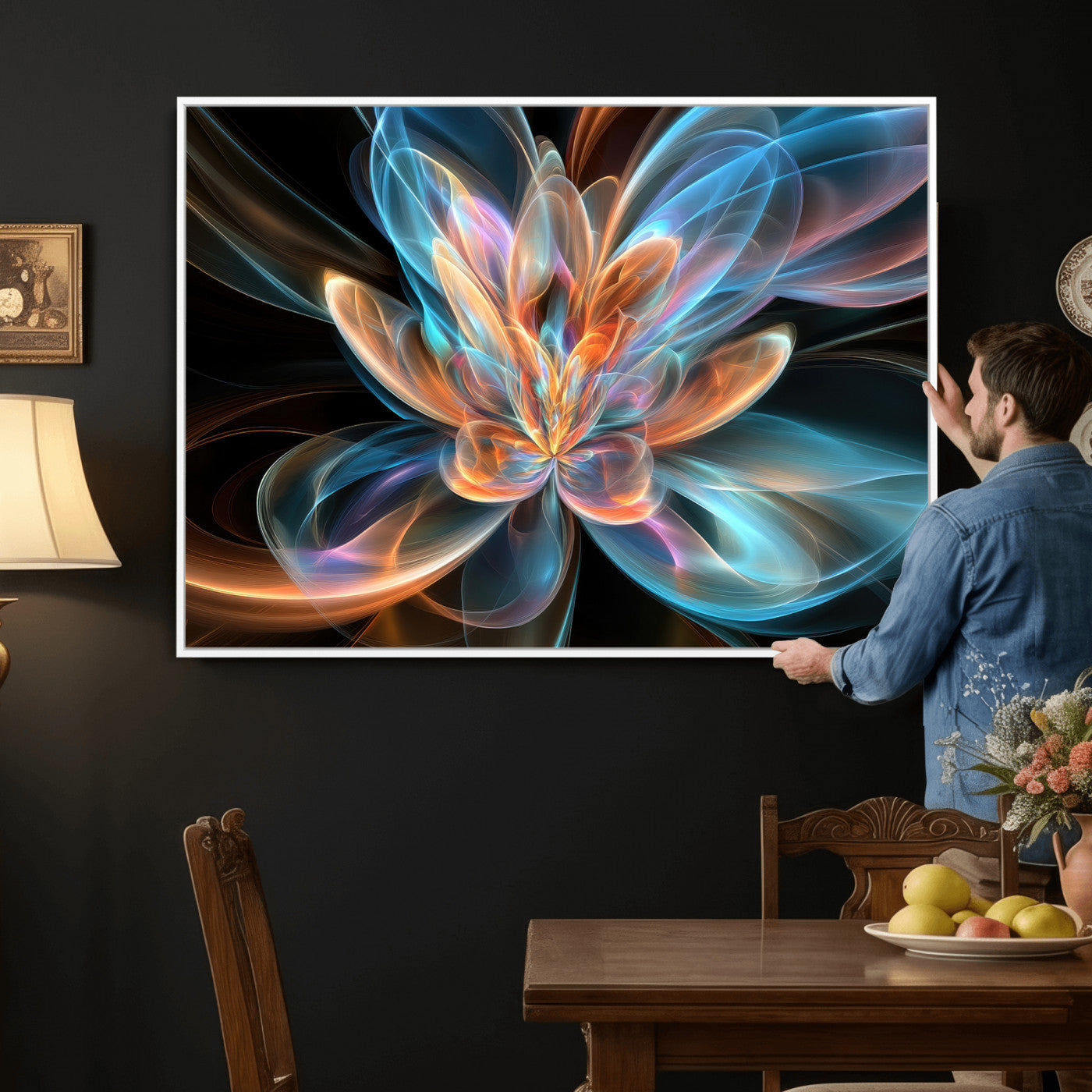 91902283-MGV-CV-36X24 - Fractal Lotus Canvas Wall Art, Blue Orange Glowing Flower Abstract Print, Modern Zen Meditation Room Decor, Ethereal Digital Art, Living Room