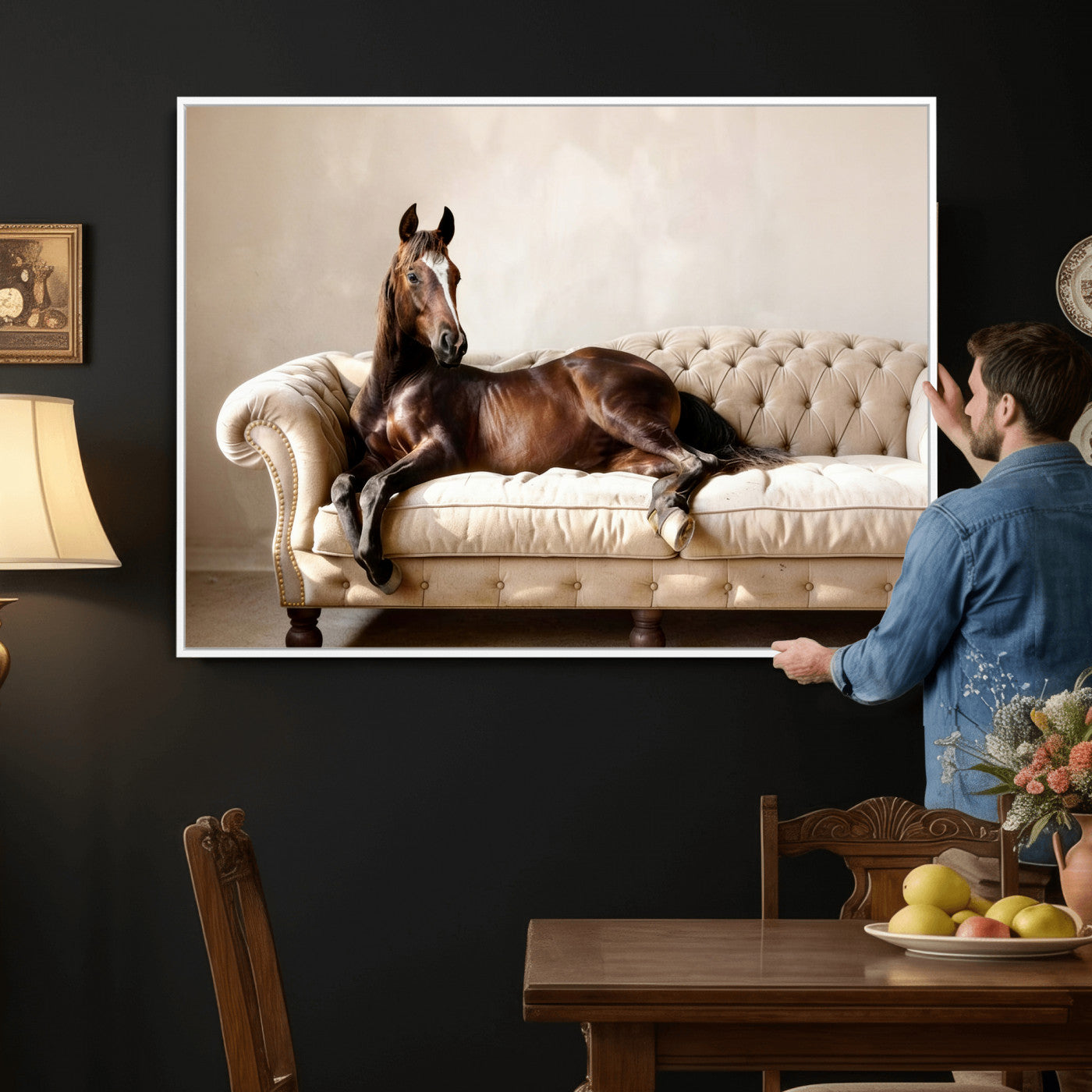 17716841-MGV-CV-36X24 - Funny Horse on Sofa Canvas Wall Art, Quirky Horse Lounging Photo Print, Whimsical Animal Decor, Living Room Conversation Art, Horse Lover Gift