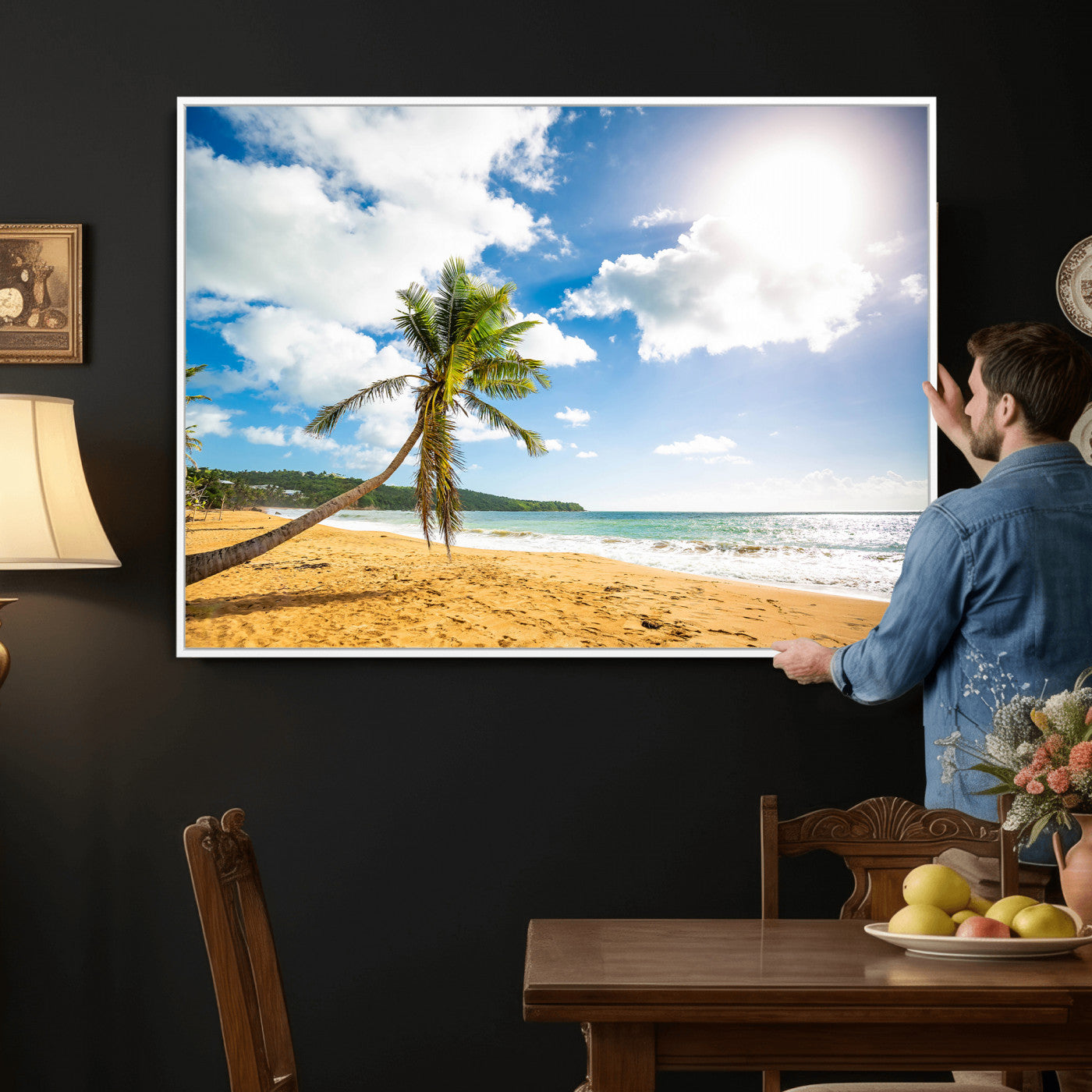 79108949-MGV-CV-36X24 - Tropical Beach Canvas Wall Art, Palm Tree Ocean Photo Print, Coastal Living Room Decor, Turquoise Sea Beach House Art, Summer Wall Art