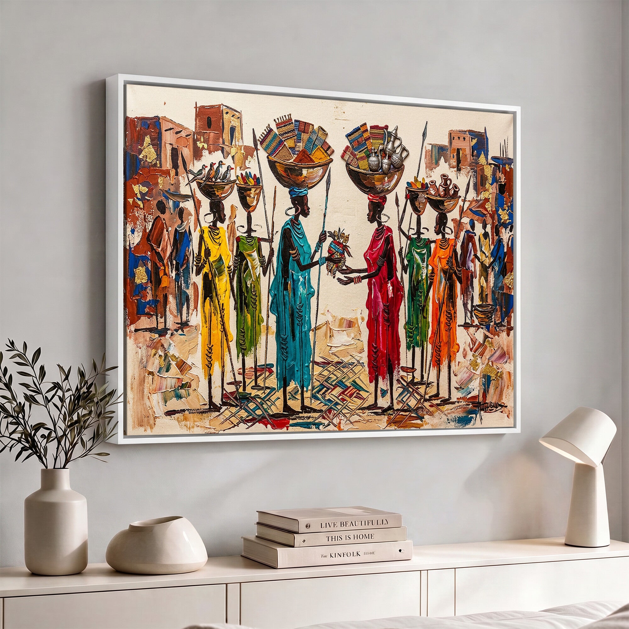 54818657-MGV-CV-36X24 - African Folk Art Canvas Wall Art, Colorful African Women Village Painting Print, Tribal Ethnic Home Decor, Vibrant African Art, Living Room