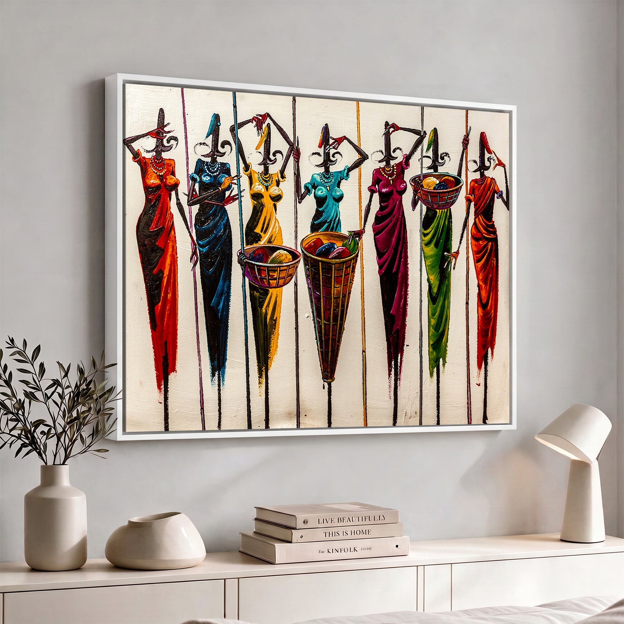 53545627-MGV-CV-36X24 - African Folk Art Canvas Wall Art, Colorful African Women Village Painting Print, Tribal Ethnic Home Decor, Vibrant African Art, Living Room