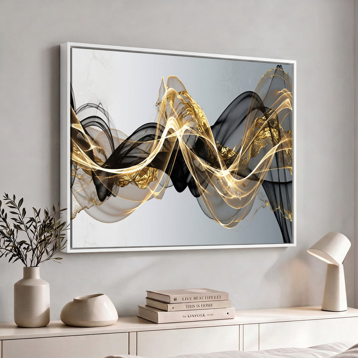 79483321DL-MGV-CV-36X24 - Black and Gold Abstract Wall Art, Modern Wave Canvas Print, Elegant Flowing Smoke Art, Luxury Living Room Decor