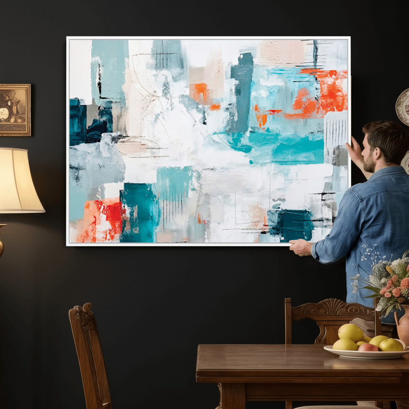 98638479-MGV-CV-36X24 - Blue Teal Abstract Canvas Wall Art | Modern Textured Painting Print, Navy Orange White Contemporary Art, Neutral Living Room Decor, Office Art