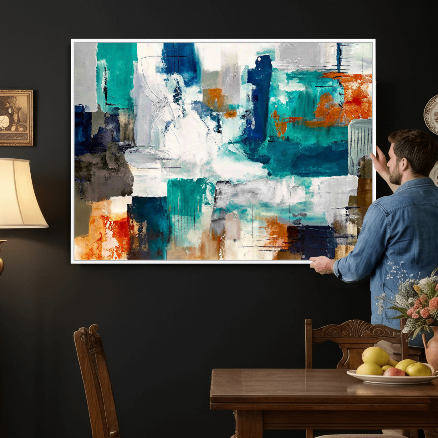 44038089-MGV-CV-36X24 - Blue Teal Abstract Canvas Wall Art, Modern Textured Painting Print, Navy Orange White Contemporary Art, Neutral Living Room Decor, Office Art