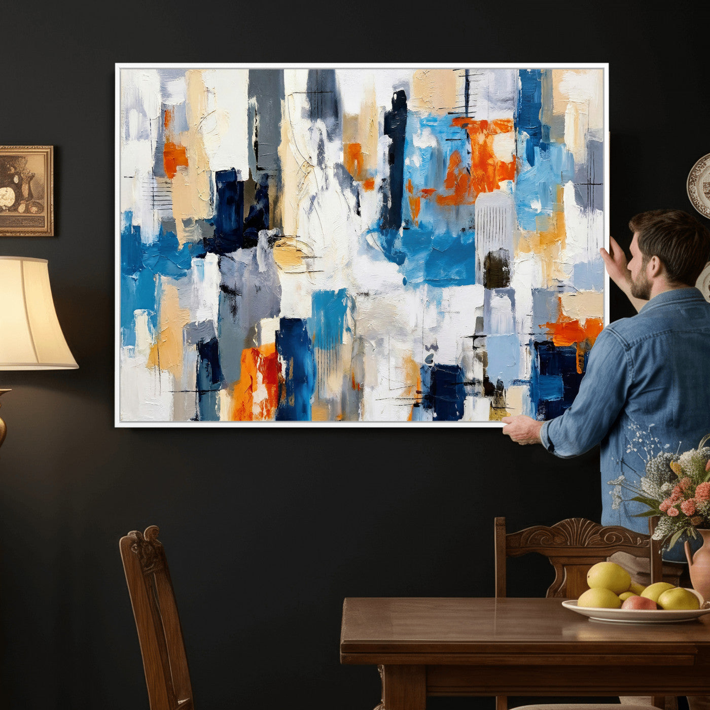 83915061-MGV-CV-36X24 - Blue Teal Abstract Canvas Wall Art, Modern Textured Painting Print, Navy Orange White Contemporary Art, Neutral Living Room Decor, Office Art