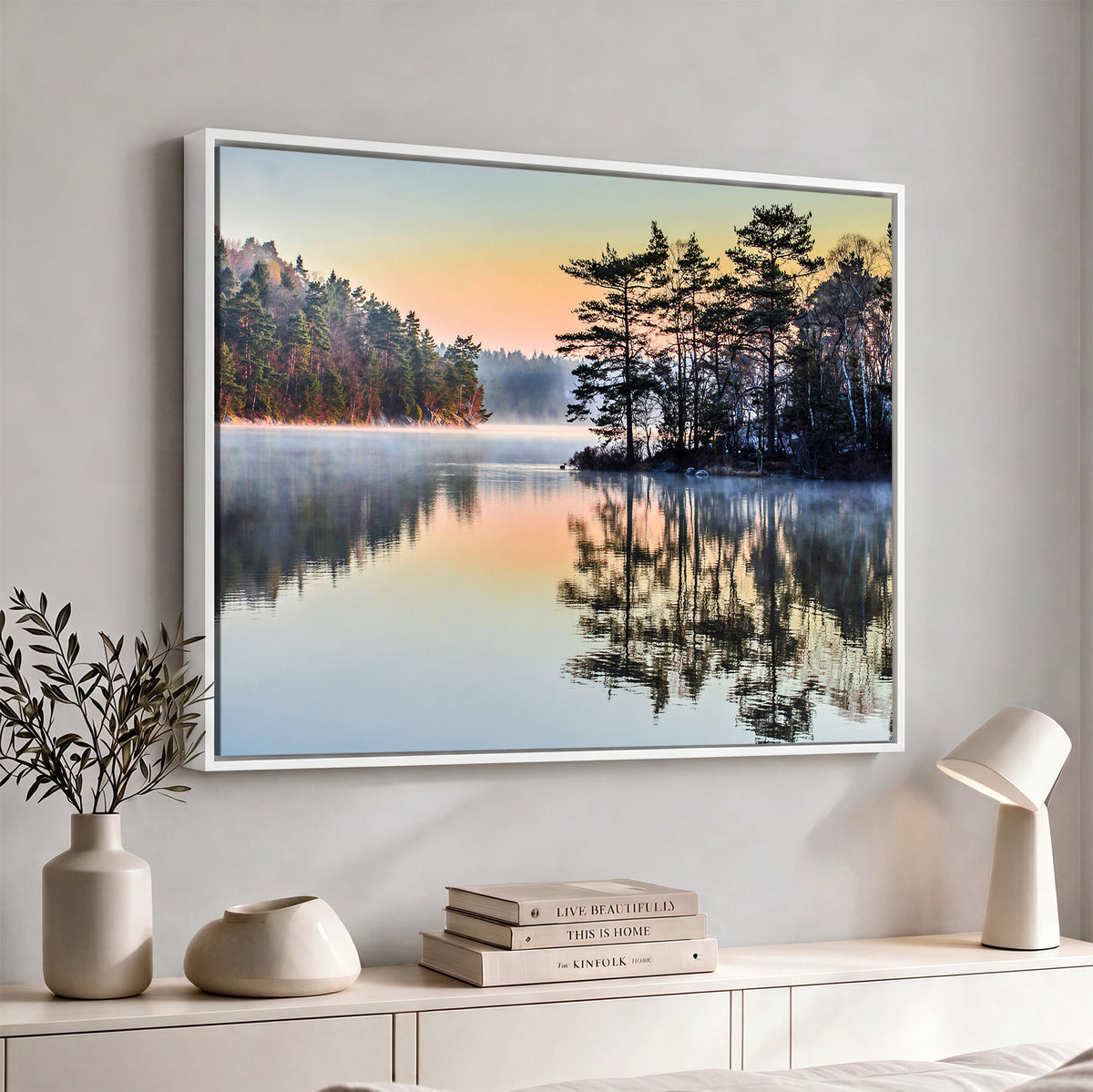 34236027-MGV-CV-36X24 - Before People Wake Canvas Wall Art Print, Misty Lake Sunrise Landscape, Forest Reflection Nature Decor, Ready to Hang
