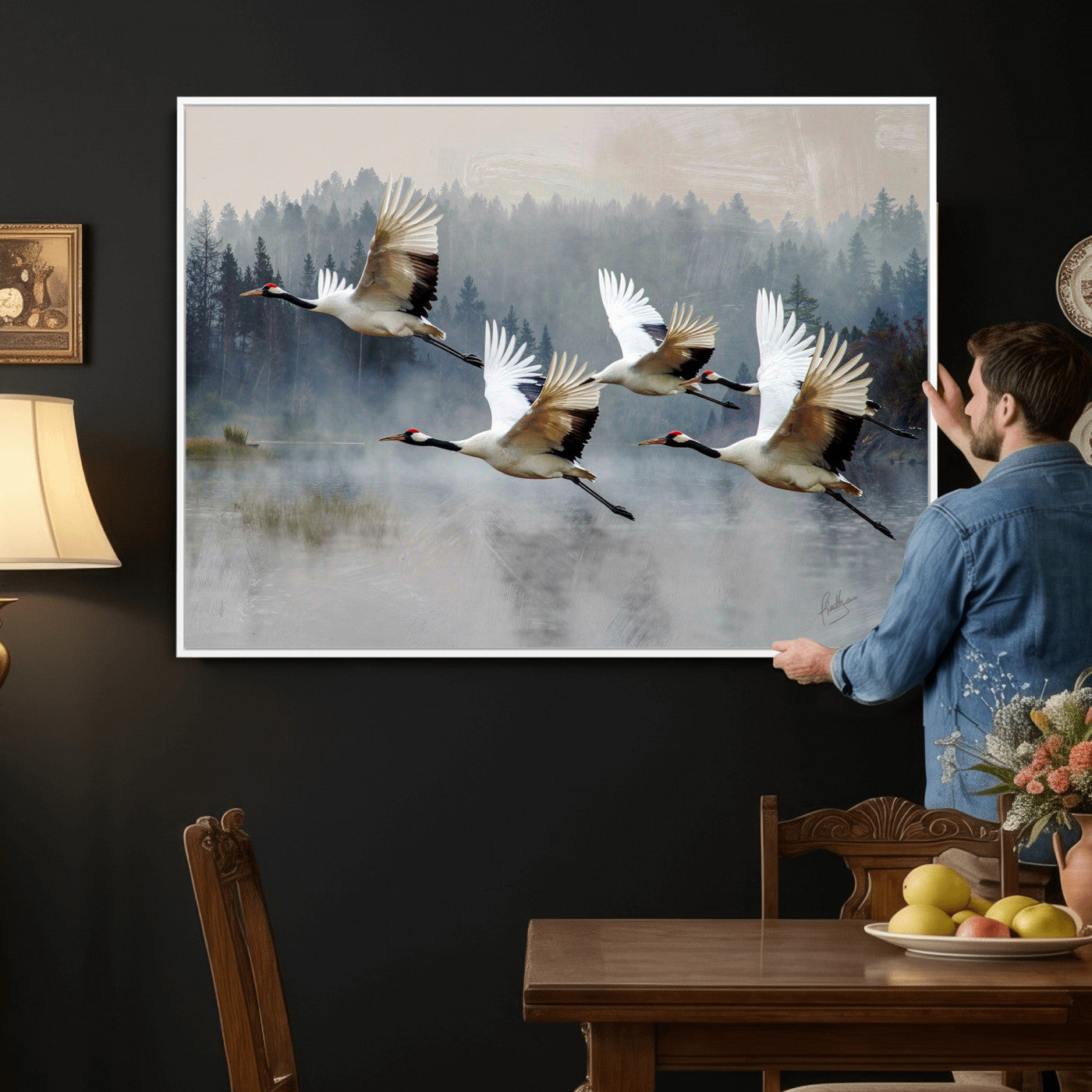 24356826-MGV-CV-36X24 - Flying Crane Canvas Wall Art Print, White Crane Bird Artwork, Wildlife Nature Decor, Lake Landscape Canvas, Ready to Hang