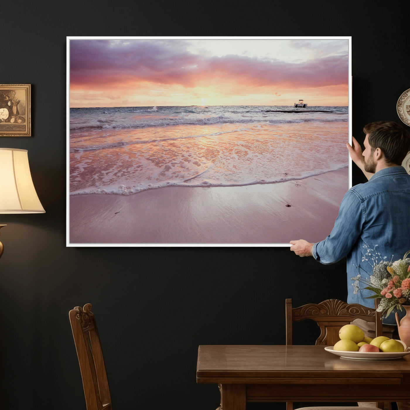 44765395-MGV-CV-36X24 - Beach Sunset Canvas Wall Art Print, Ocean Waves Landscape, Coastal Photography, Seascape Wall Decor, Ready to Hang