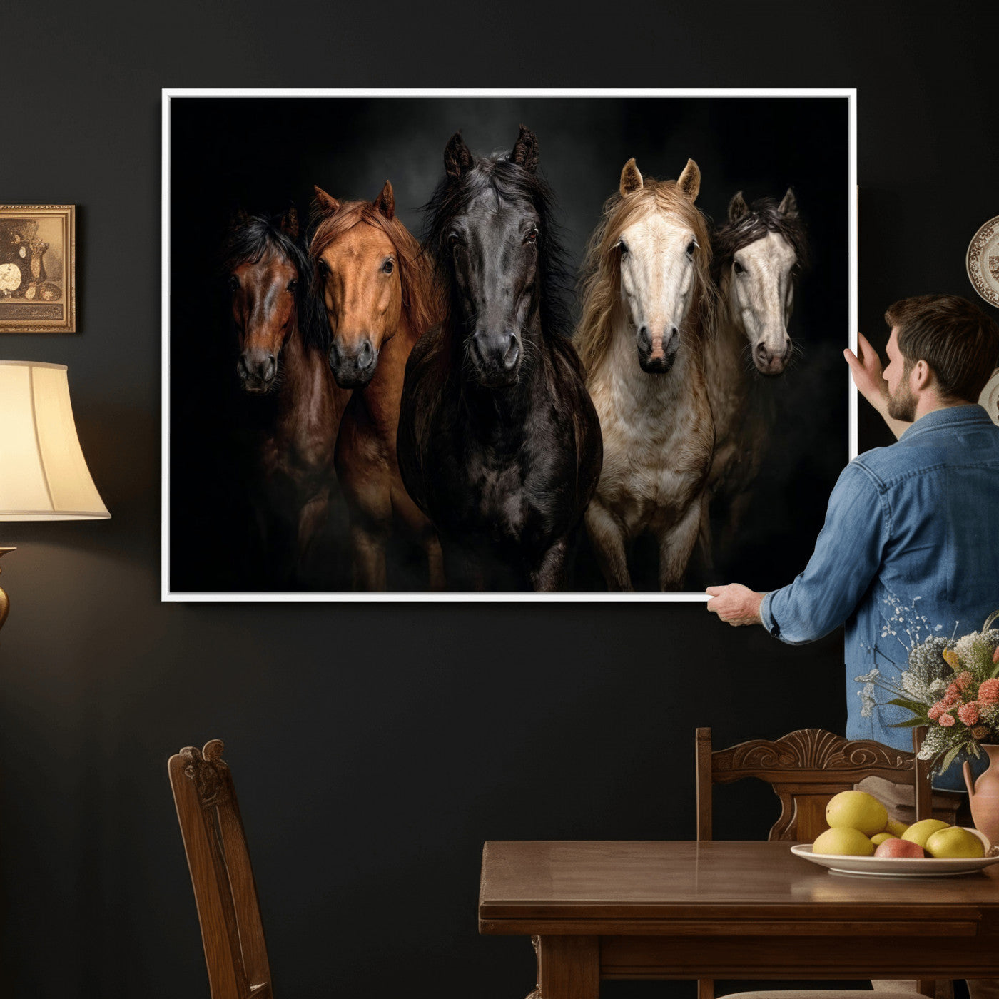 77696206-MGV-CV-36X24 - Horse Wall Art Canvas Print, Wild Horses Portrait Photography, Animal Horse Decor, Black Brown White Horse Herd, Rustic Ranch Art