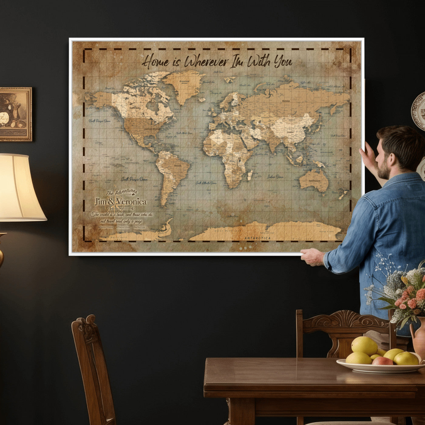 97123877-MGV-CV-36X24 - Vintage Custom Push Pin World Map, Vintage Travel Map Canvas, Personalized Names Anniversary Gift, Places Visited Pin Board, Couples Adventure Art