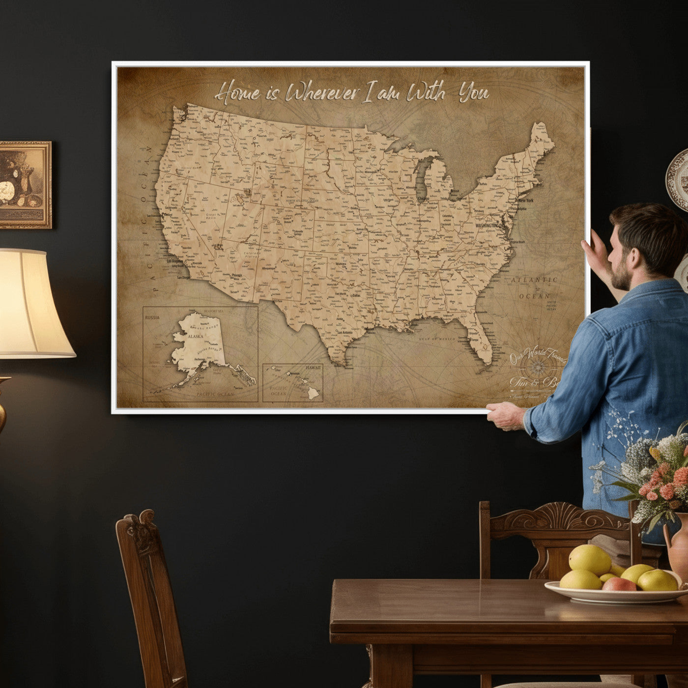 21454917-MGV-CV-36X24 - Personalized USA Push Pin Travel Map, Custom United States Map, Push Pin Map, USA Bucket List Map, Anniversary Gift | Couple Travel Map Wall Art