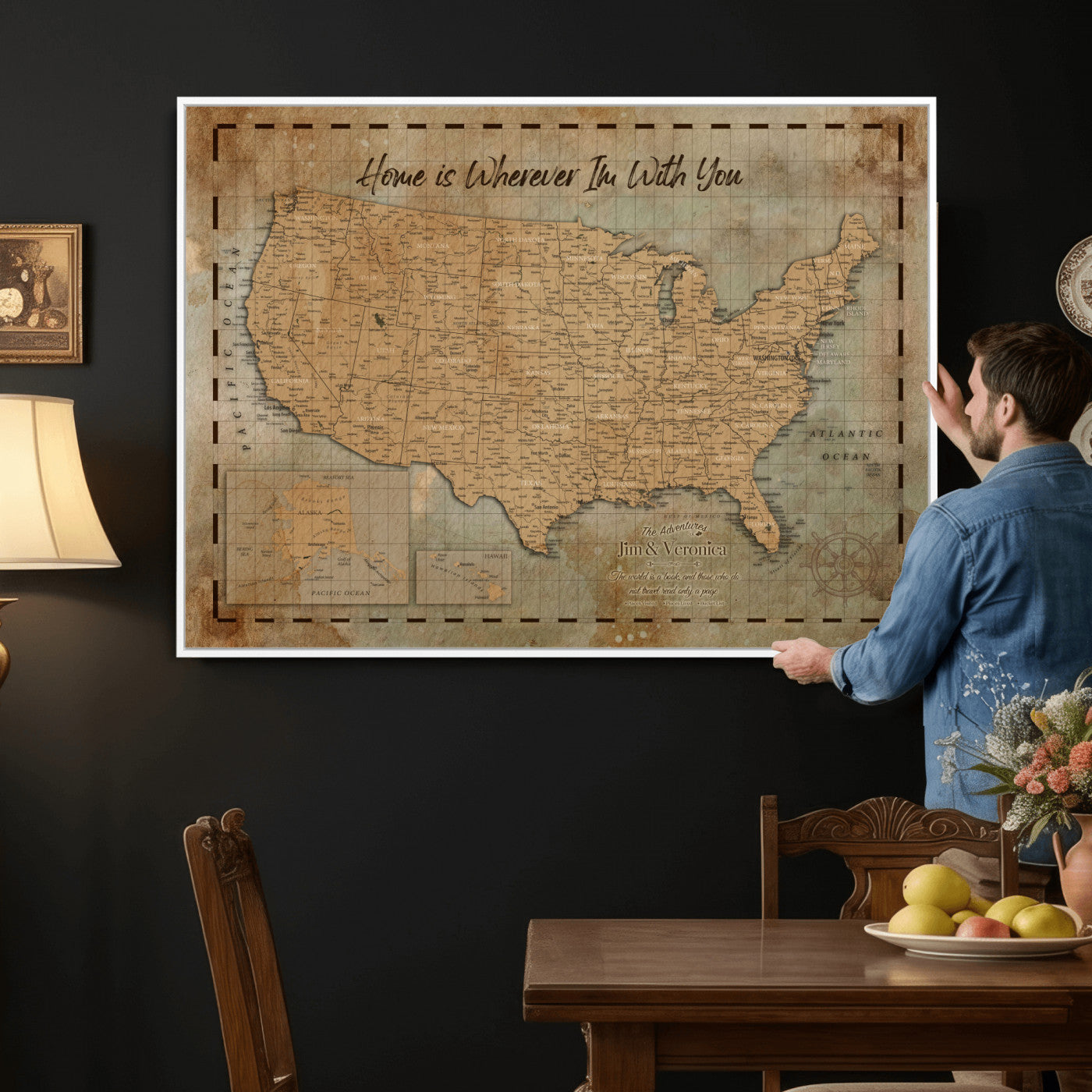 87620242-MGV-CV-36X24 - Personalized USA Push Pin Travel Map, Custom United States Map, Push Pin Map, USA Bucket List Map, Anniversary Gift, Couple Travel Map Wall Art