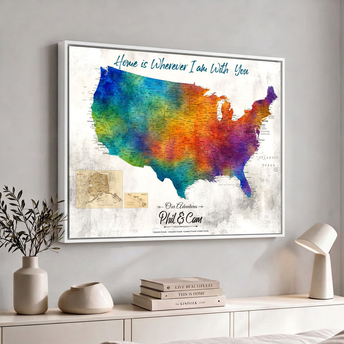 17251793-MGV-CV-36X24 - Watercolor USA Travel Map with Pins Colorful Modern Canvas Wall Art