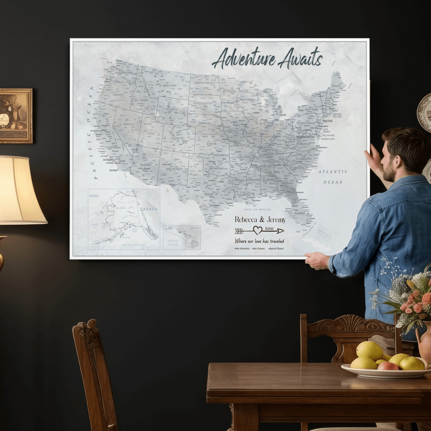 66120672-MGV-CV-36X24 - Personalized America Push Pin Travel Map Canvas Wall Art for Custom Family Gift