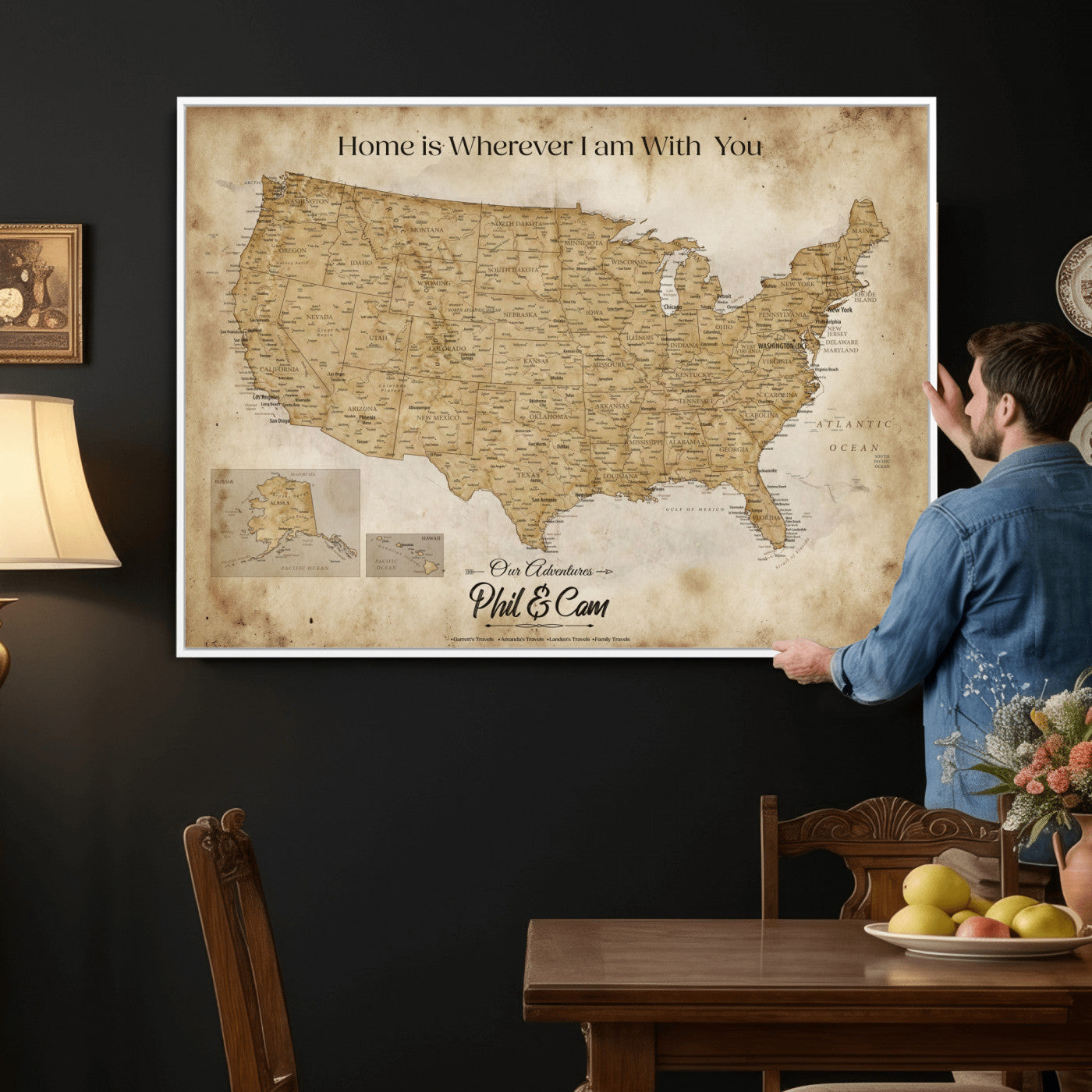 80624553-MGV-CV-36X24 - Personalized USA Push Pin Travel Map Canvas Wall Art Custom Family Gift