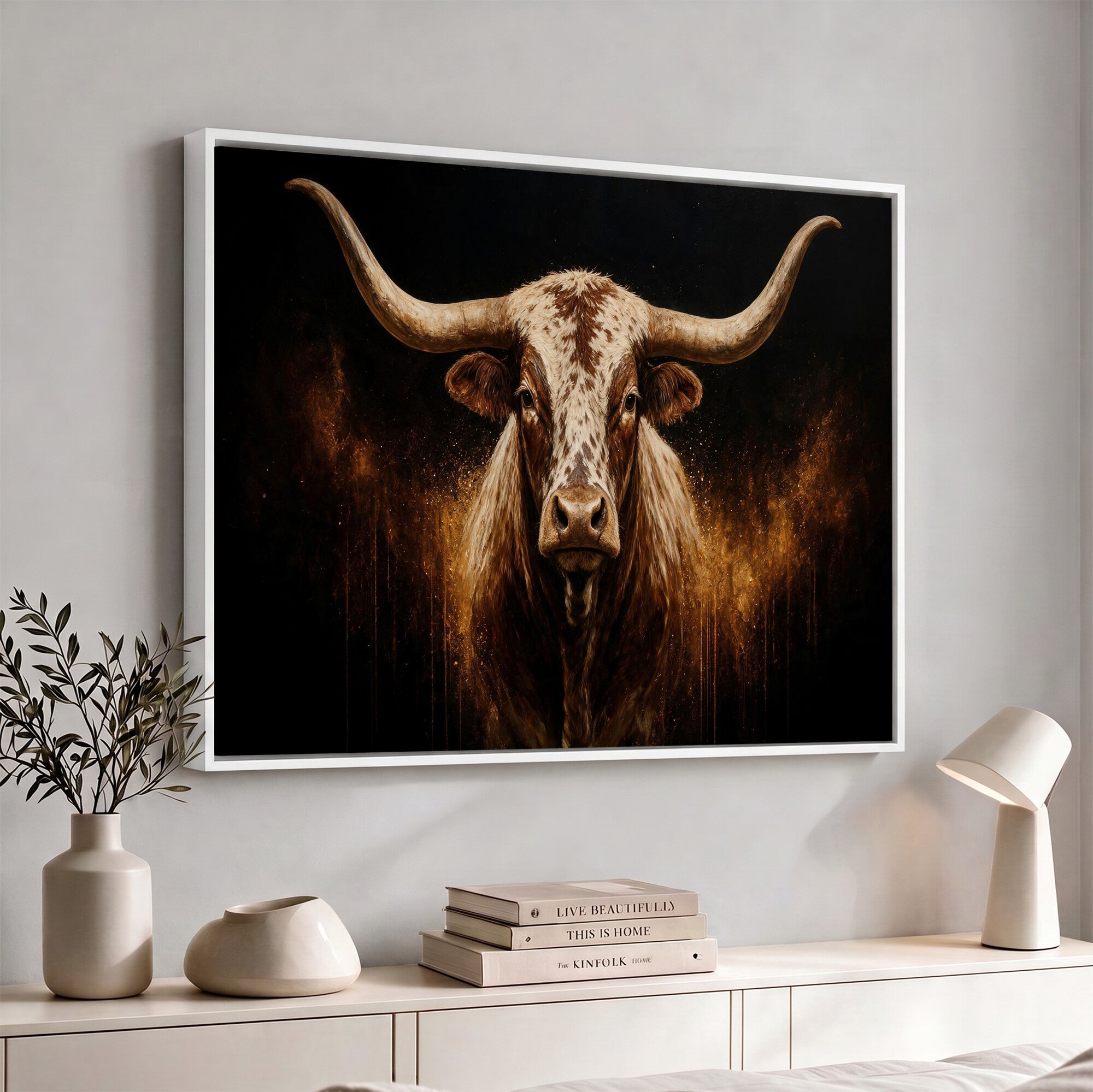 62076449-MGV-CV-36X24 - Texas Bull Cow Longhorn Canvas Wall Art Moody Western Bull Oil Painting Print
