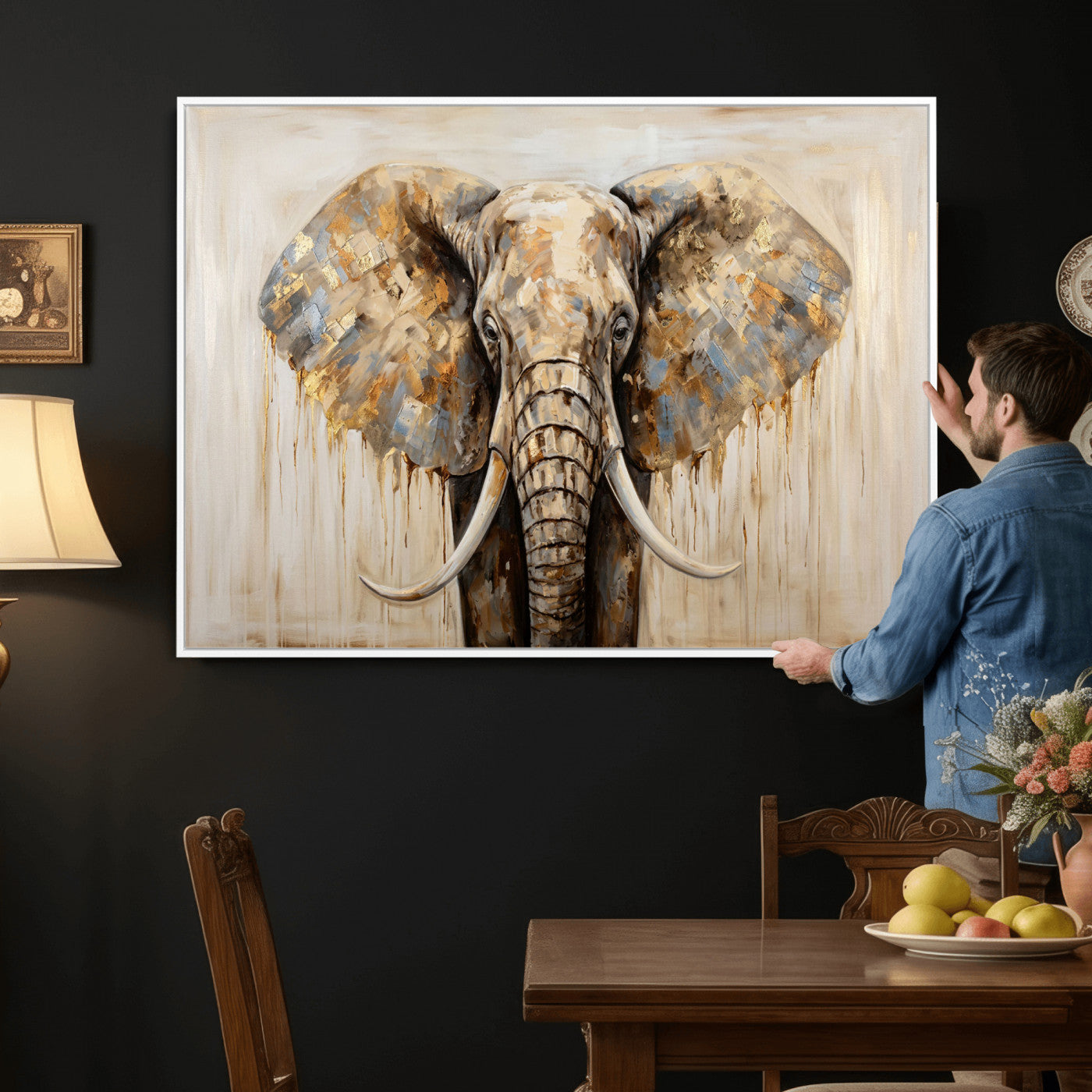 95819221-MGV-CV-36X24 - Gold Leaf Elephant Canvas Wall Art Abstract African Wildlife Painting Print