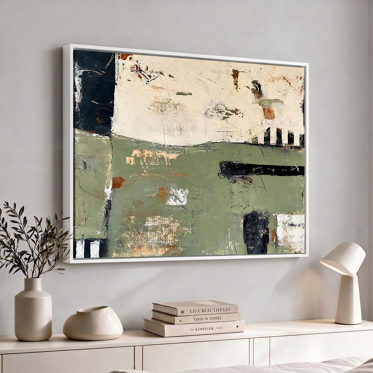 77942087-MGV-CV-36X24 - Sage Green Abstract Geometric Landscape Wall Art Canvas Print, Modern Minimalist Decor