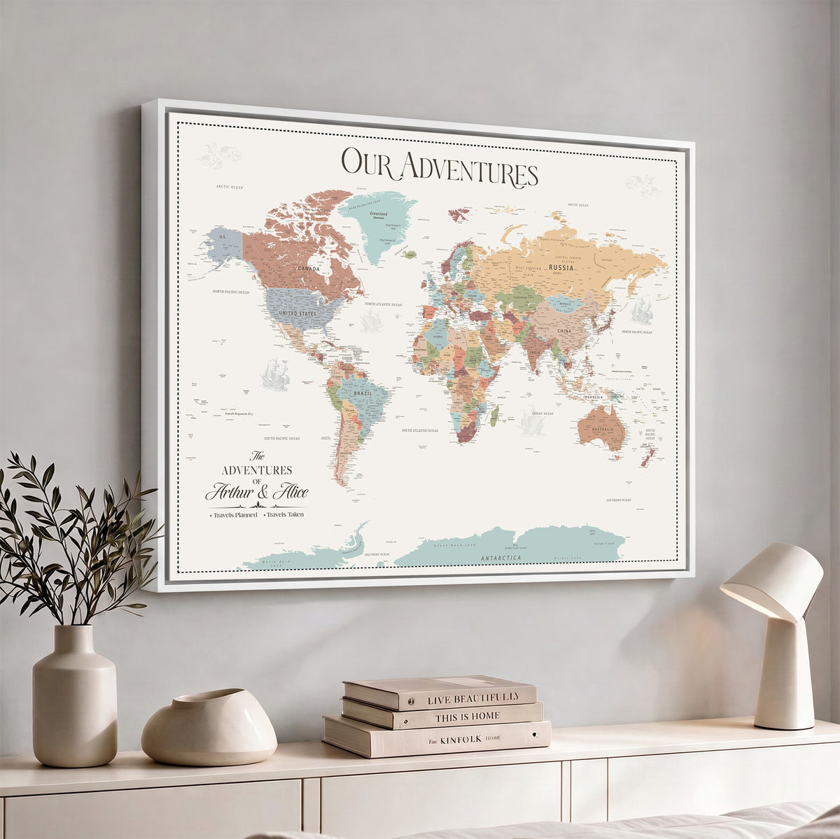 NEWMAP-4-MGV-CV-36X24 - Custom World Travel Map Wall Art with Pins, Places Visited Tracker, Family Room and Bedroom Decor