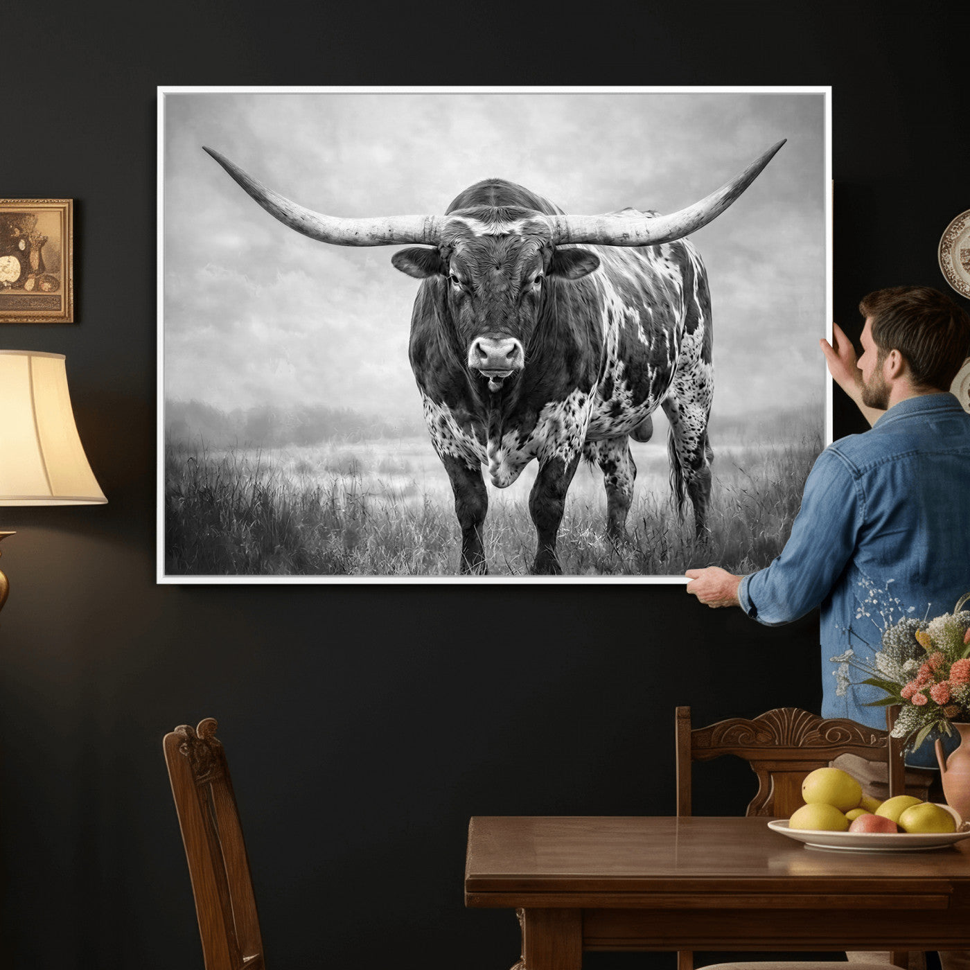 11121585-MGV-CV-36X24 - Texas Bull Wall Art Canvas Print for Farmhouse Restaurant Wall Decor