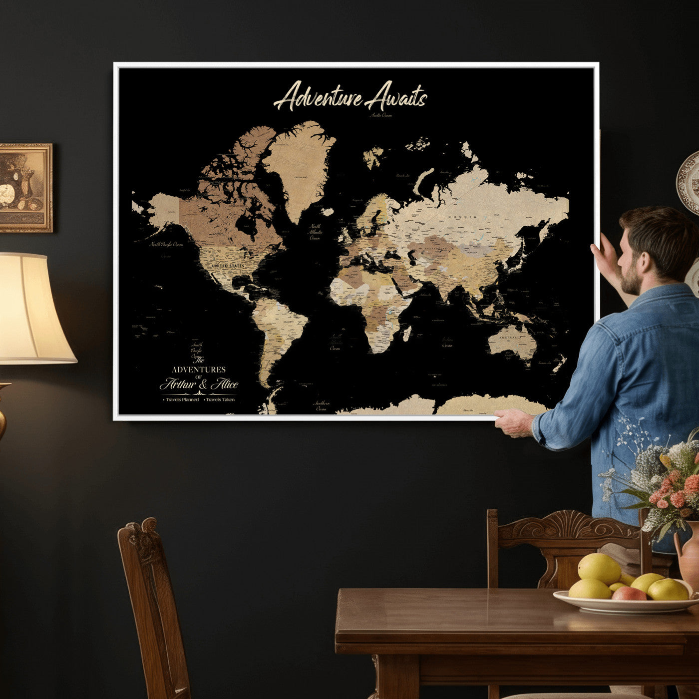 88415067-MGV-CV-36X24 - Custom Push Pin World Map Canvas Print – Personalized Travel Map Wall Art