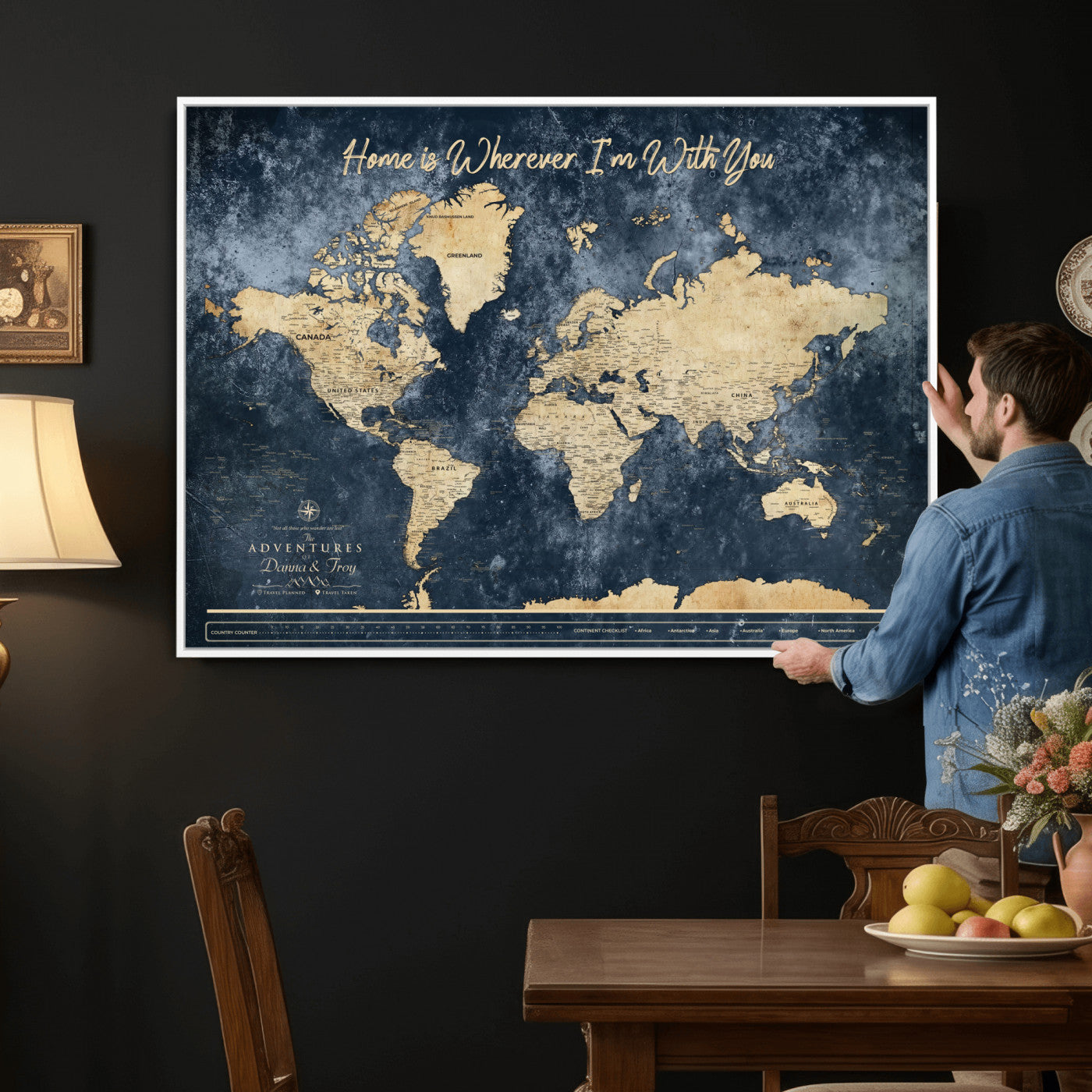 400867BL-MGV-CV-36X24 - Framed Blue Custom Push Pin World Map Canvas Print – Personalized Travel Map Wall Art