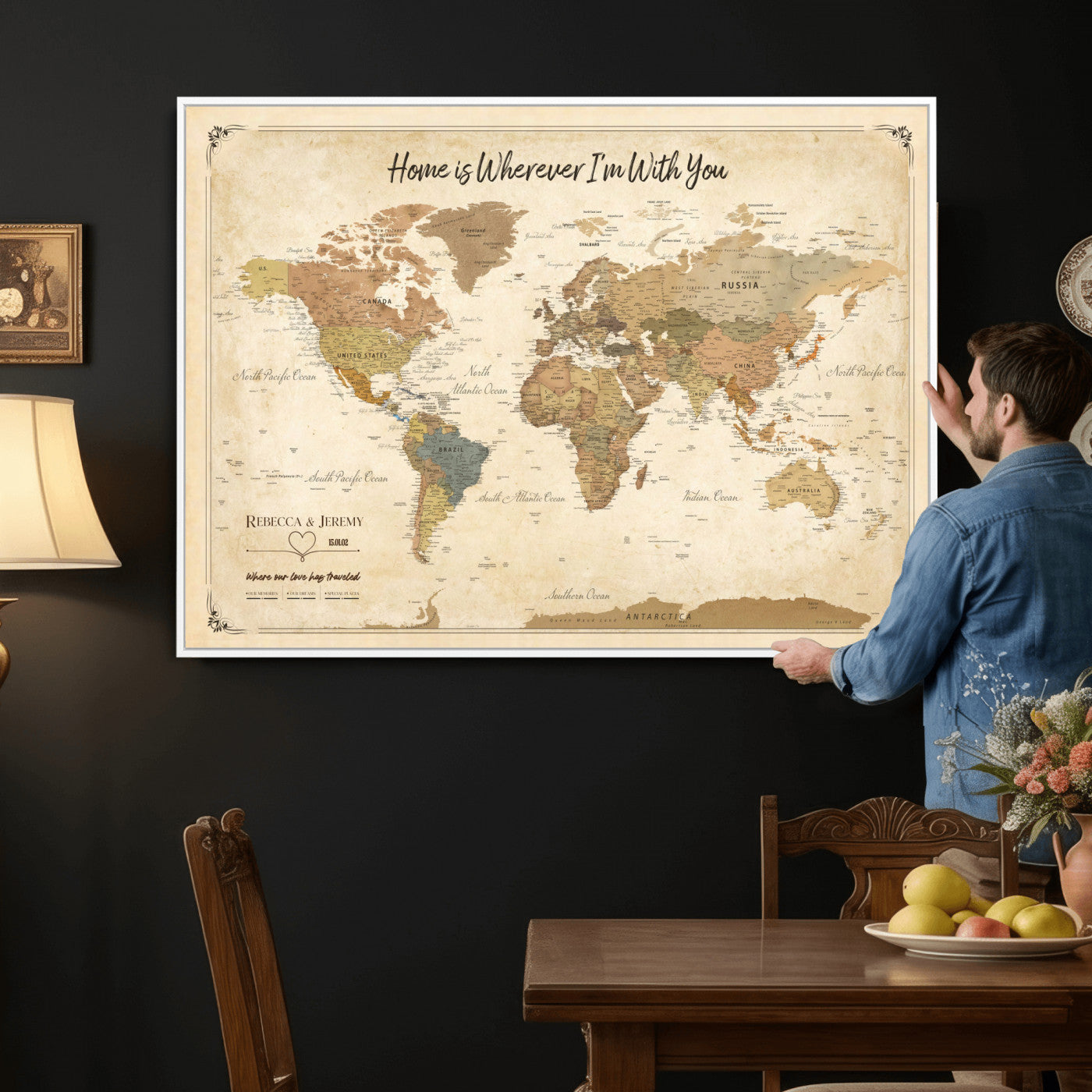 40086165-MGV-TP-30X20 - Framed Vintage Custom Push Pin World Map Canvas Print – Personalized Travel Map Wall Art