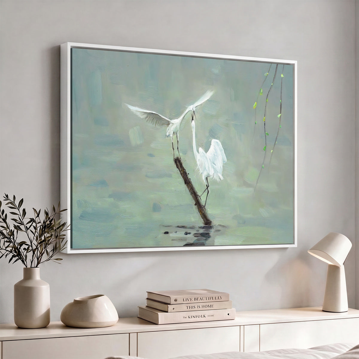 91124838-MGV-CV-36X24 - Two White Egrets on Marsh Branch Wall Art Canvas Print - Vintage Style Coastal Bird Poster